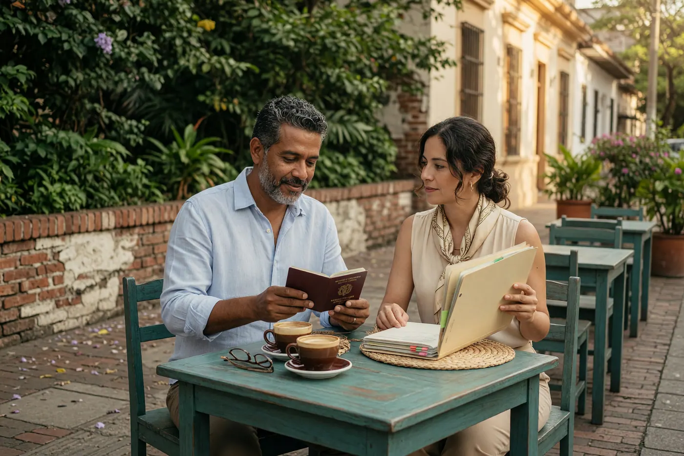 Intercultural married couple reviewing Colombian visa application documents at an outdoor cafe in Colombia