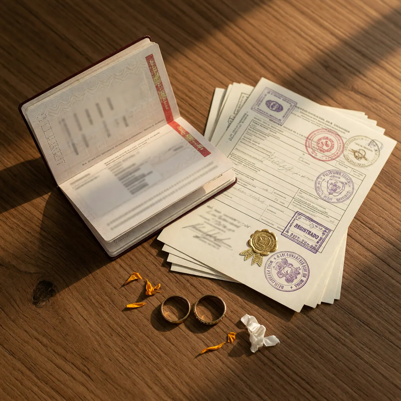 Colombian civil marriage paperwork and passport ready for visa submission