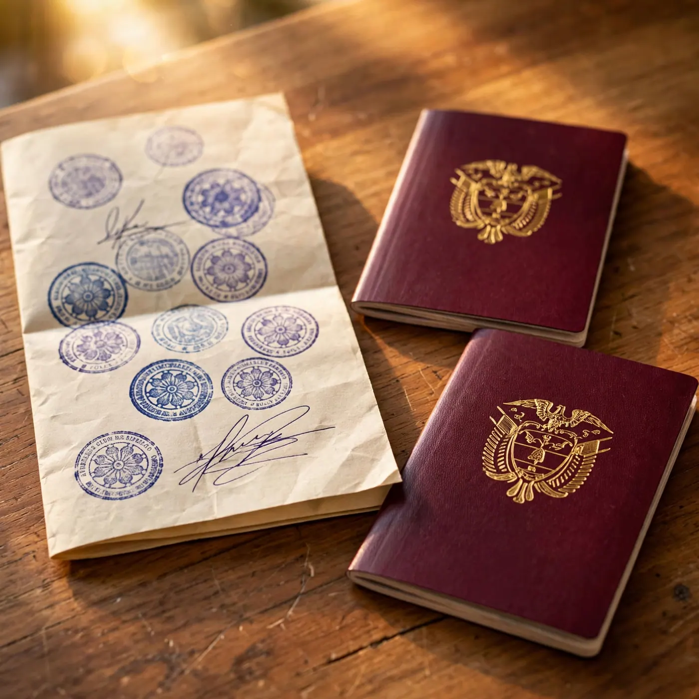 Folded paper with blue notary stamps and signatures next to two closed passports on a wooden table