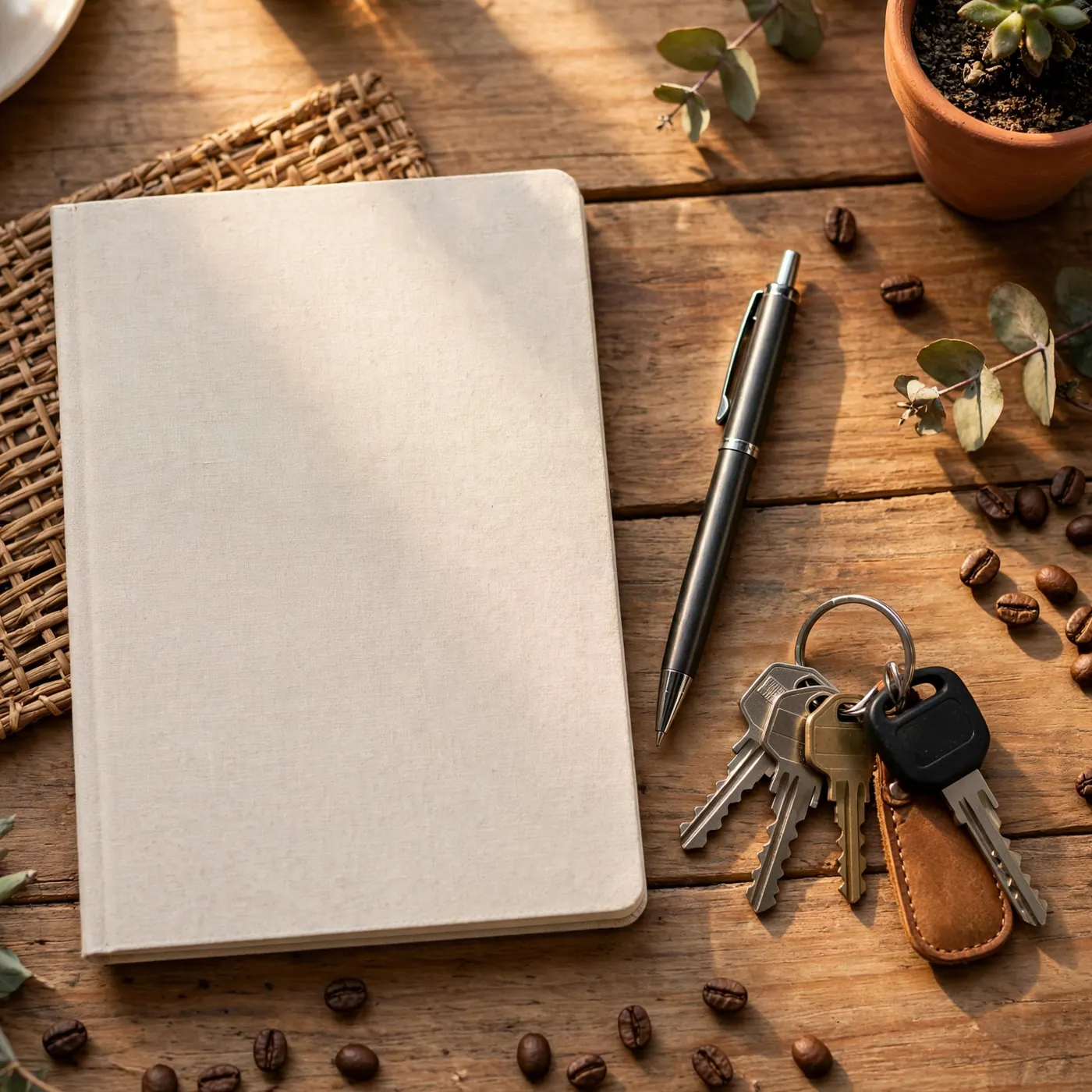 Cuaderno cerrado, bolígrafo y llaves sobre una mesa de madera con granos de café