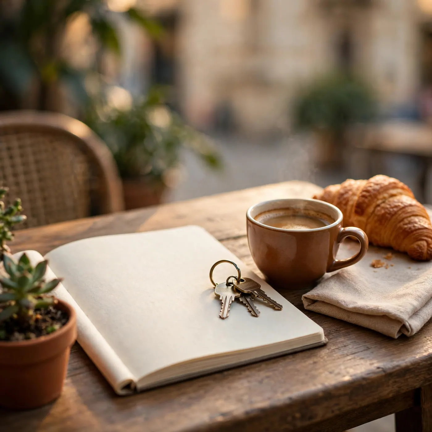 Cuaderno abierto y llaves sobre una mesa de café en una ciudad colombiana, sin pantallas ni texto