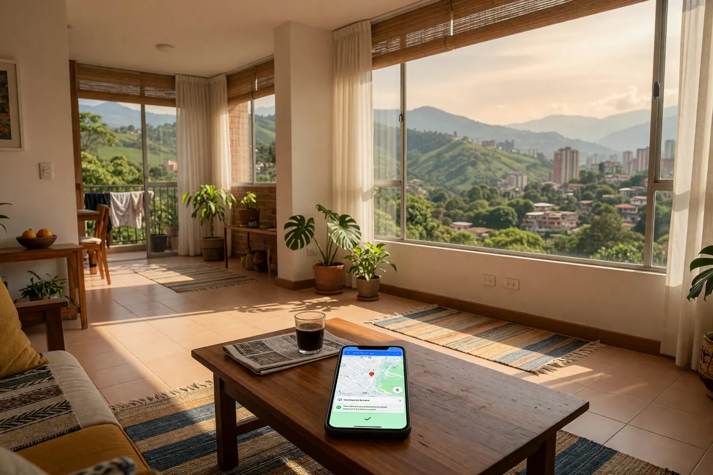 Smartphone showing a map-based property search alert on a wooden table inside a bright Medellin apartment