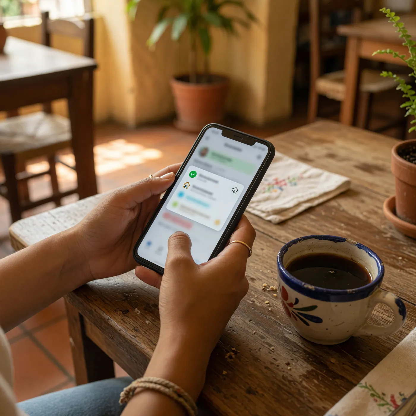Hands holding a phone with a listing alert beside a ceramic cup of Colombian coffee
