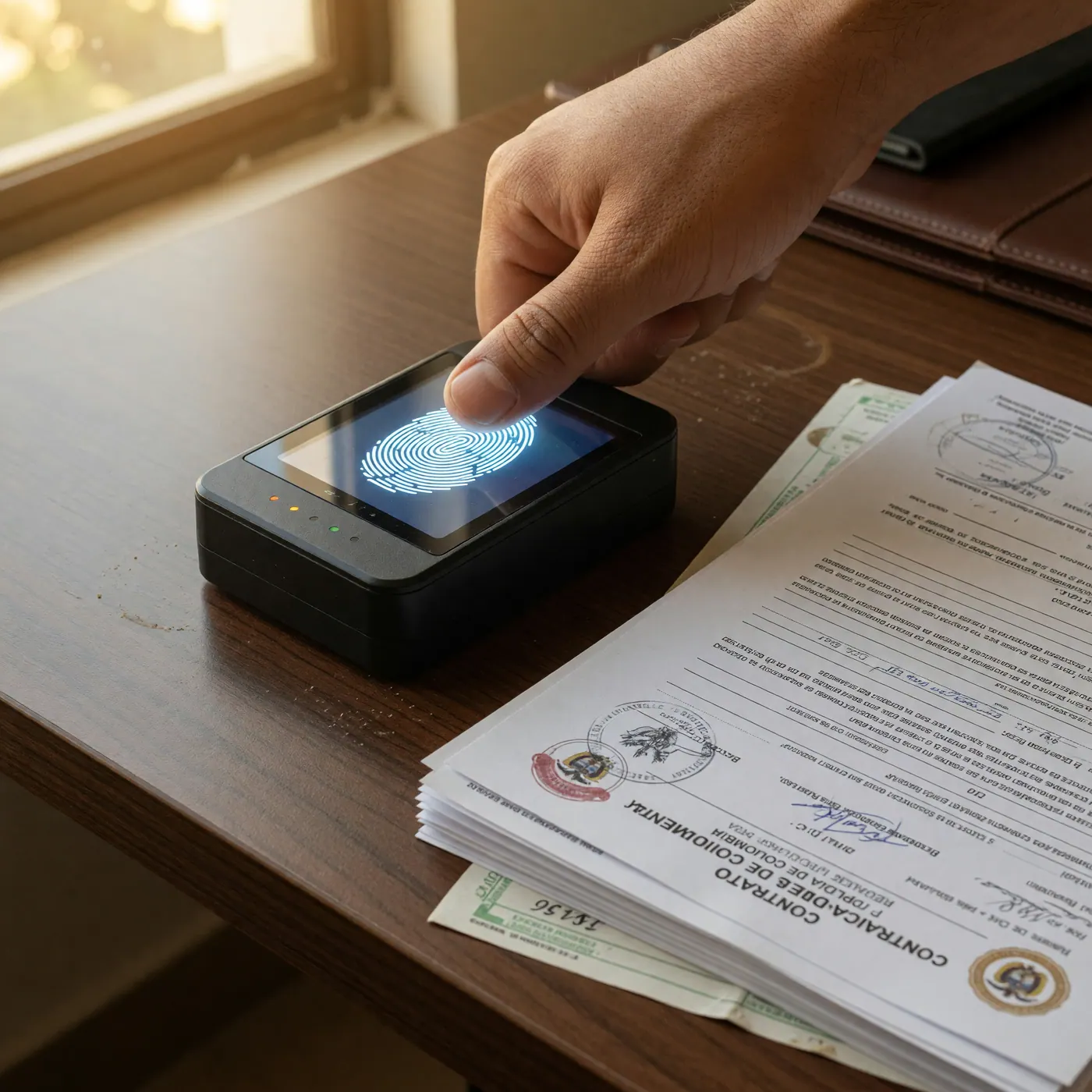 Close-up of a hand using a biometric fingerprint scanner next to a paper contract