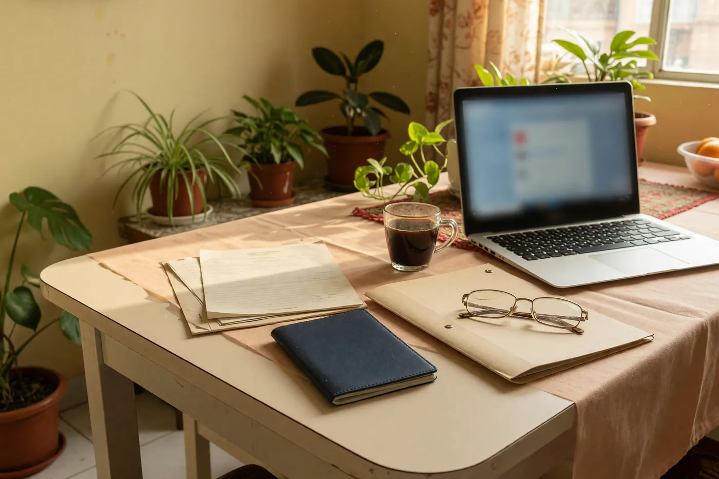 Passport booklet, pension documents, glasses and laptop on an apartment table