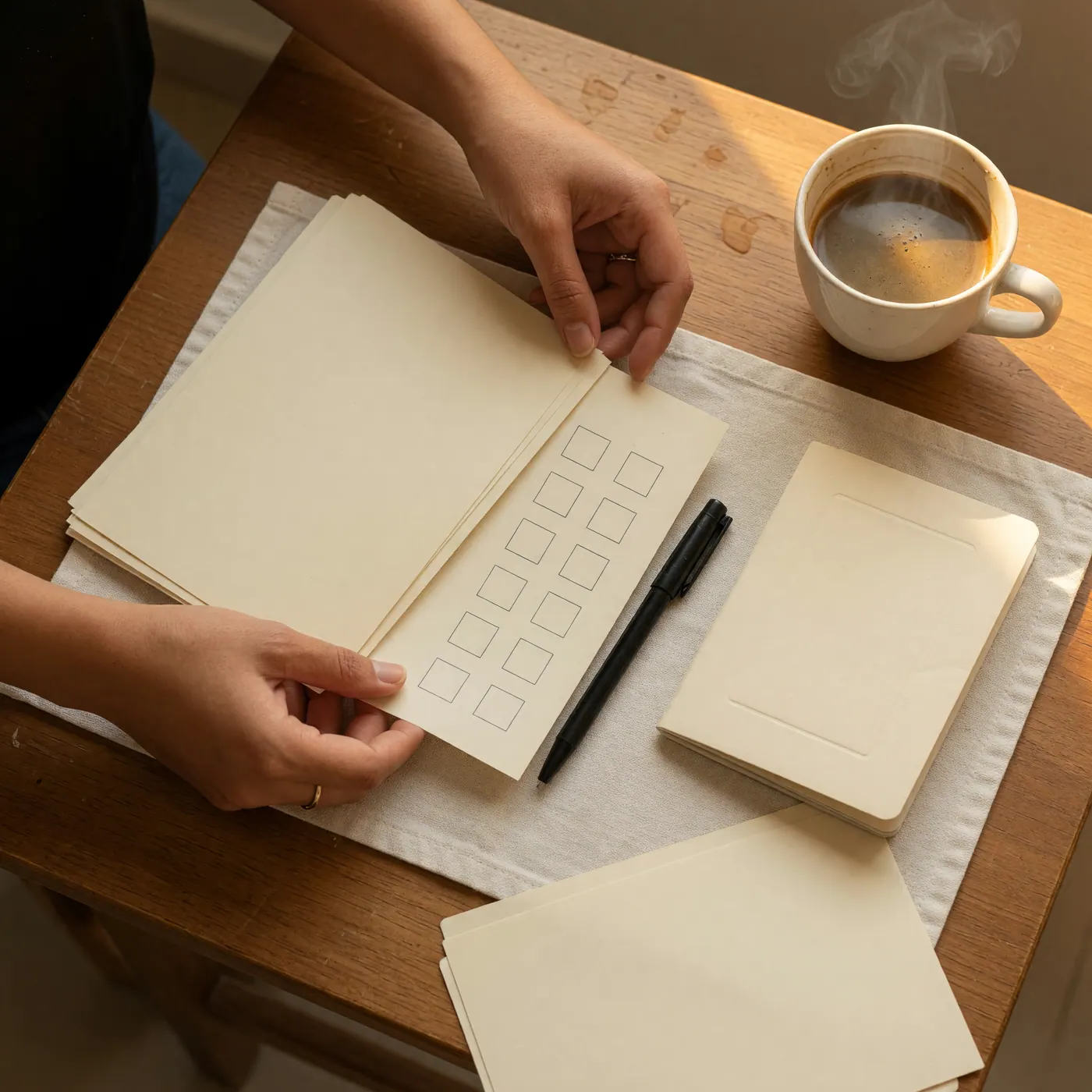 Hands organizing blank pension documents and a checklist beside coffee