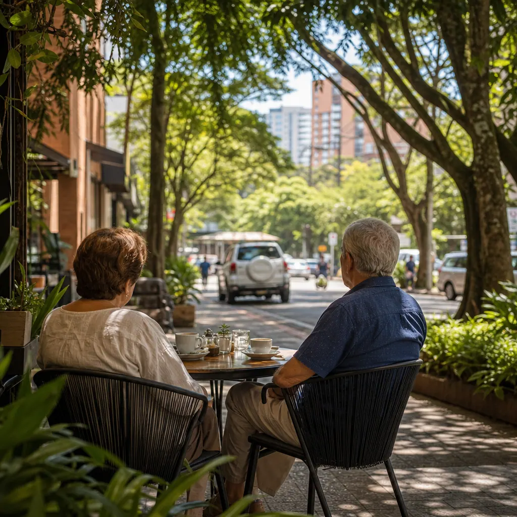 Retirees relaxing at an outdoor café in Medellín, Colombia — one of the most popular destinations for the pensionado visa