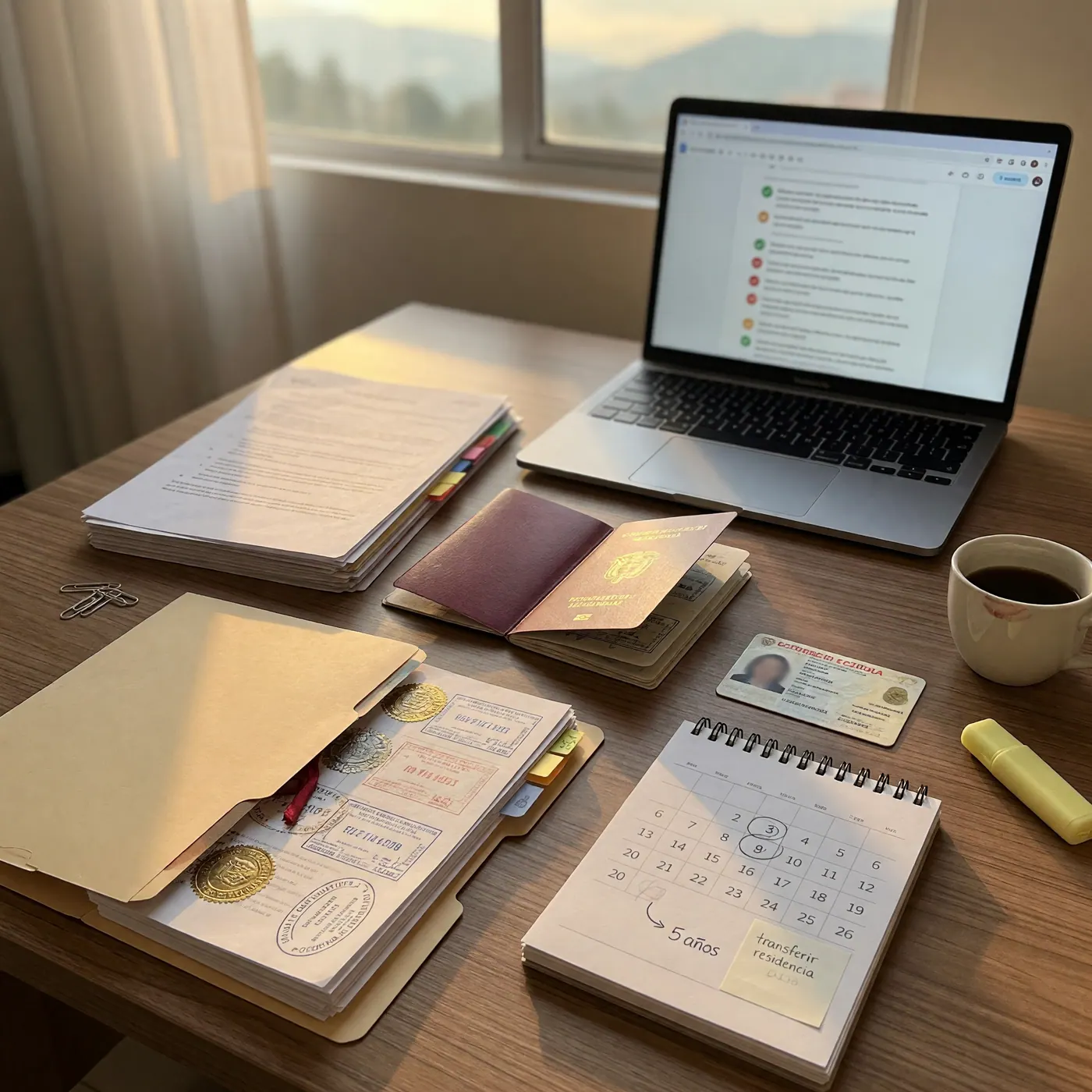 Desk with passport, Colombia residency documents, and a visa checklist for a Visa R application
