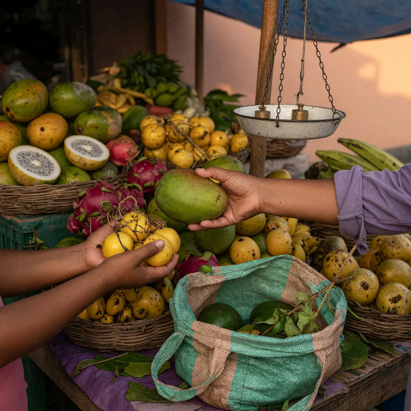 Hands selecting tropical produce beside a market scale and reusable shopping bags