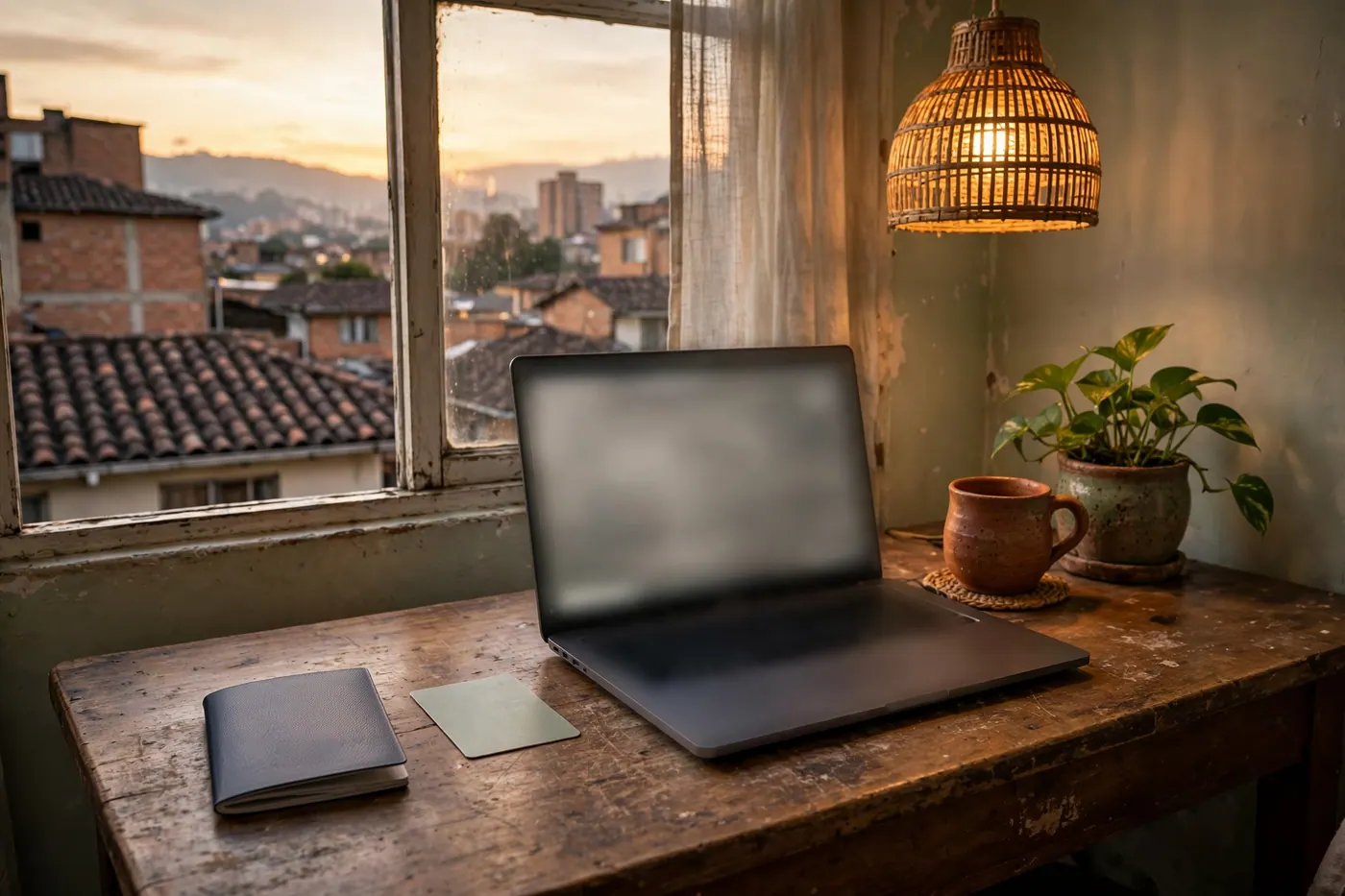 Evening apartment desk with a closed passport, a face-down ID card and a laptop showing a blurred government form