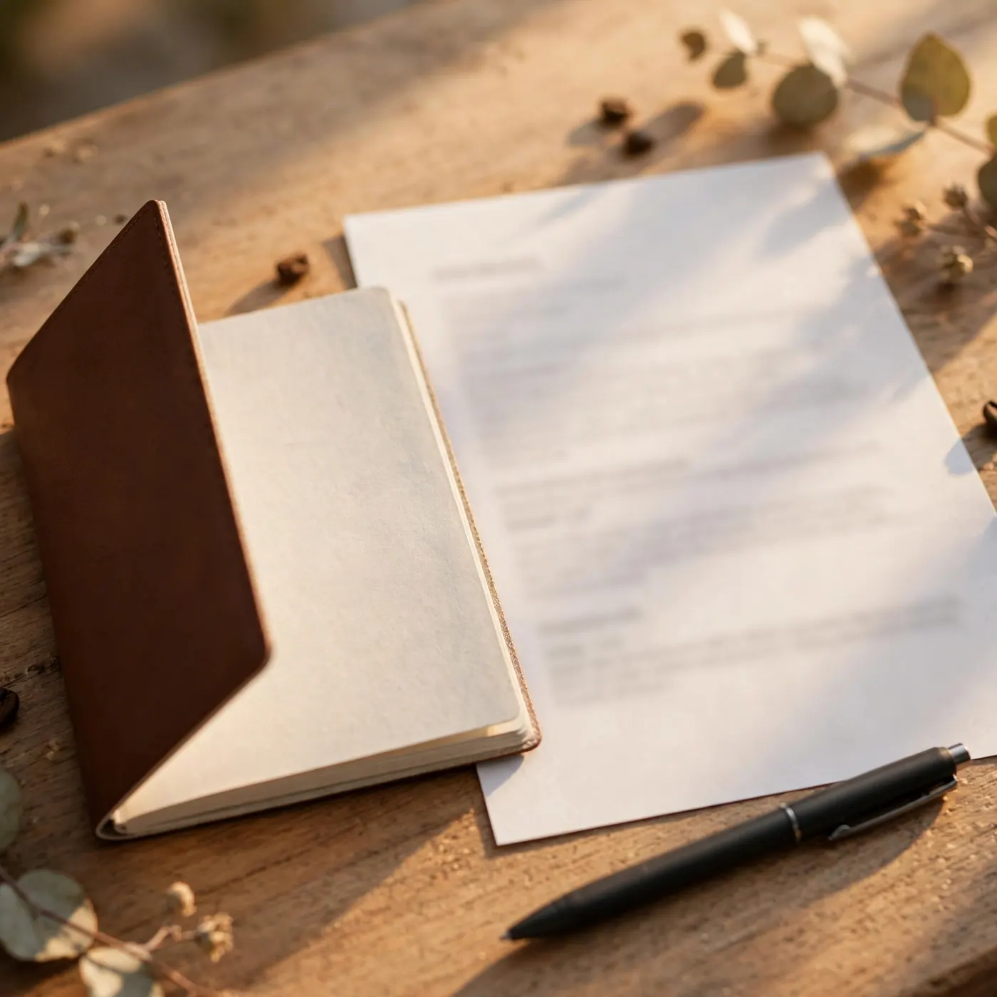 Open booklet with blank pages, a blurred printed sheet, and a pen on a wooden desk