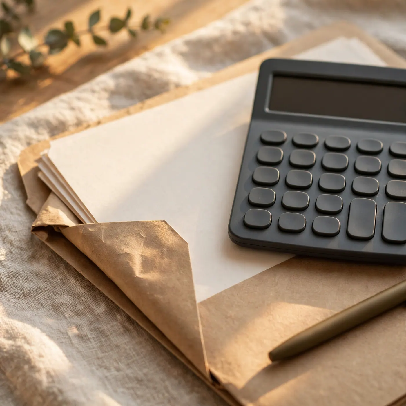 Close-up of a deed folder corner, a calculator and a pen resting on a stack of paper documents