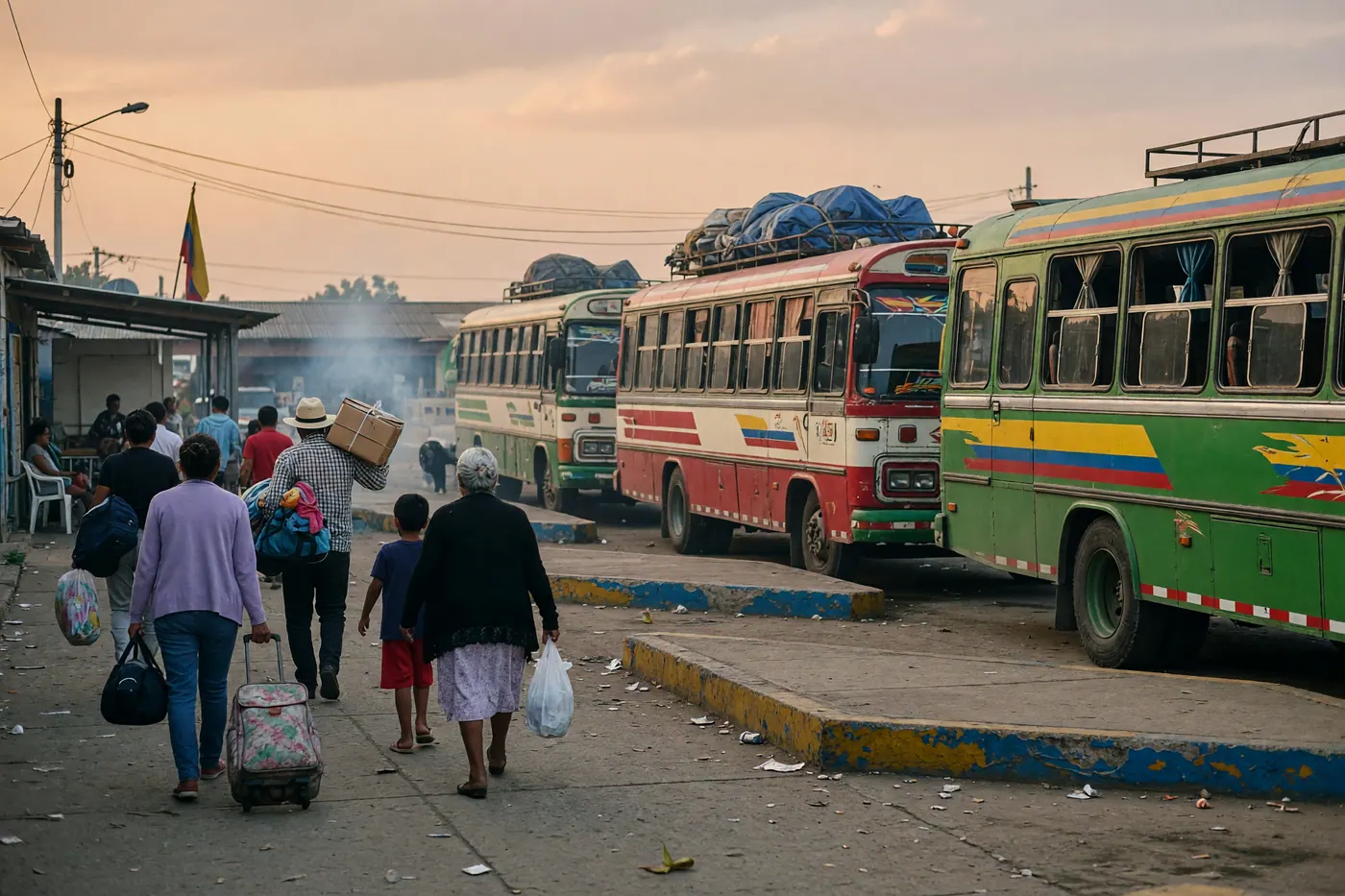 Travelers carrying bags walk beside intercity buses at a Colombian terminal.
