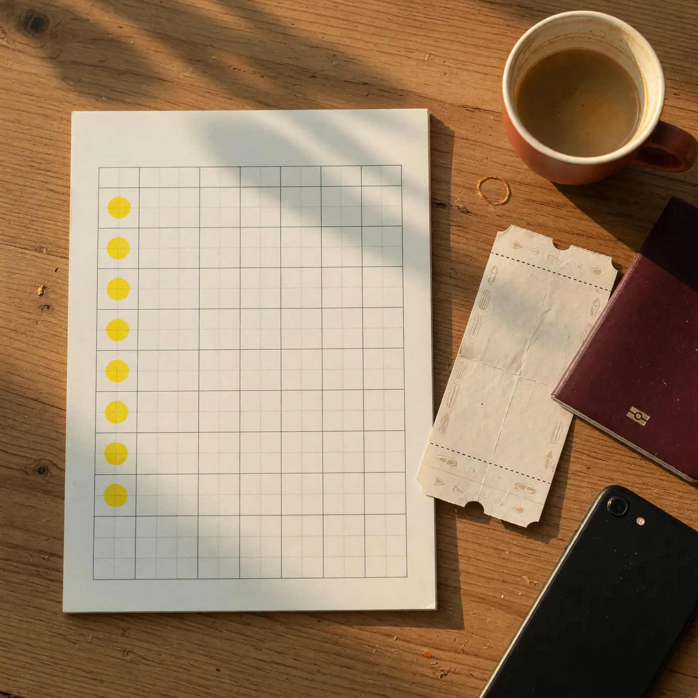 Blank-grid paper planner marked with yellow dots beside a travel ticket, passport, coffee, and phone.