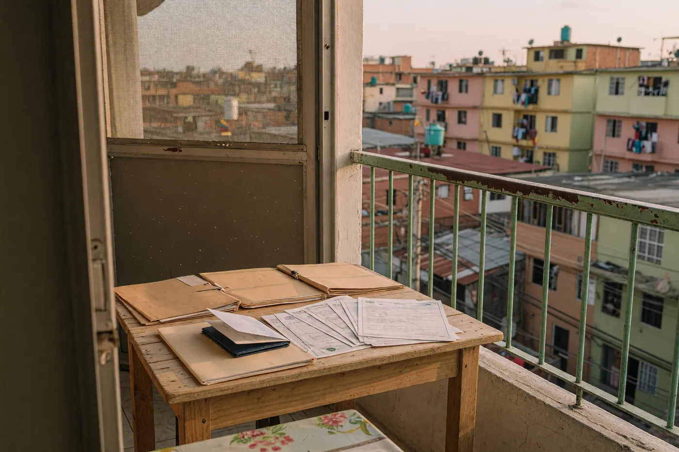 Foreign buyer reviewing Colombian property documents at a wooden table beside an apartment balcony