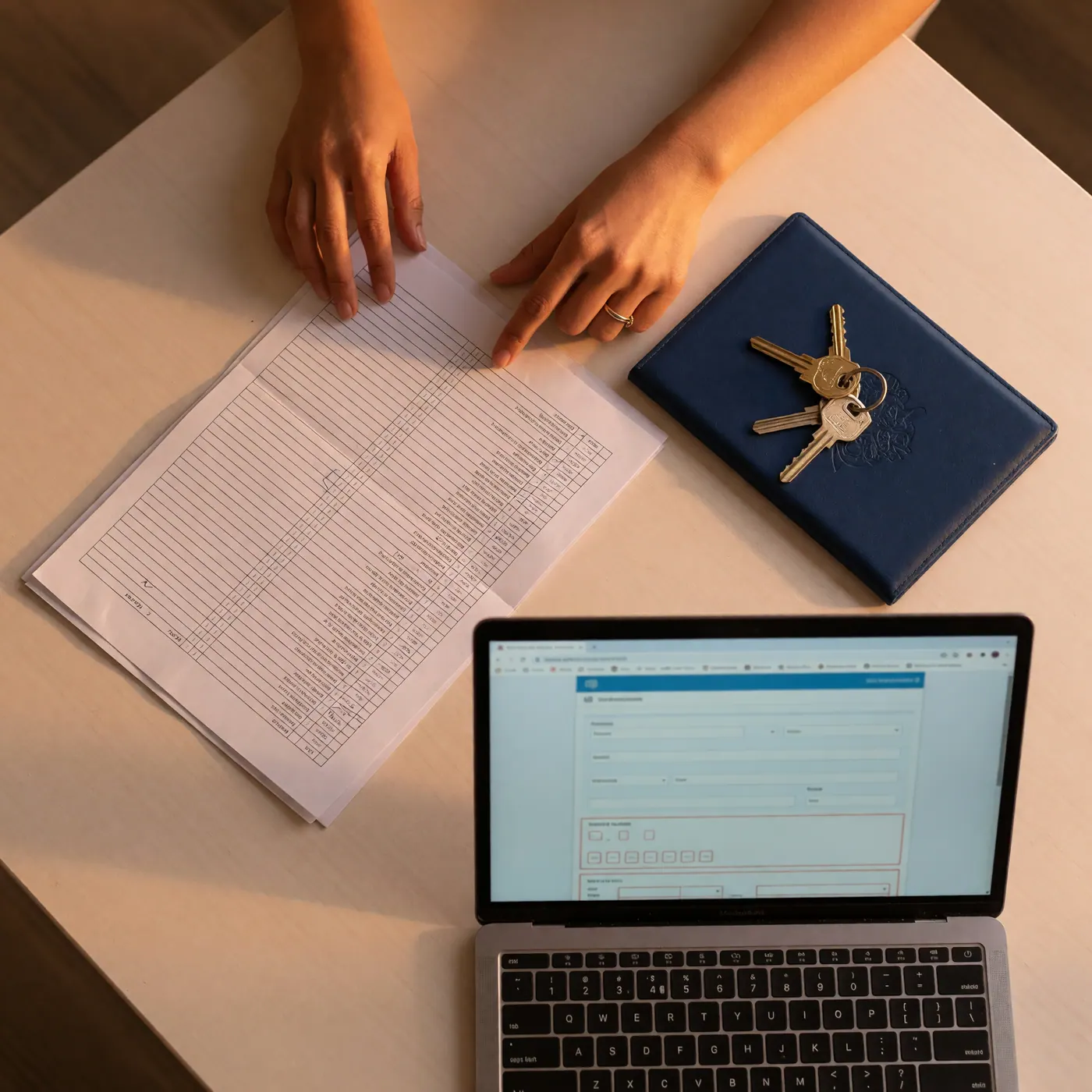 Hands checking a property document checklist beside keys and a laptop open to an official government form