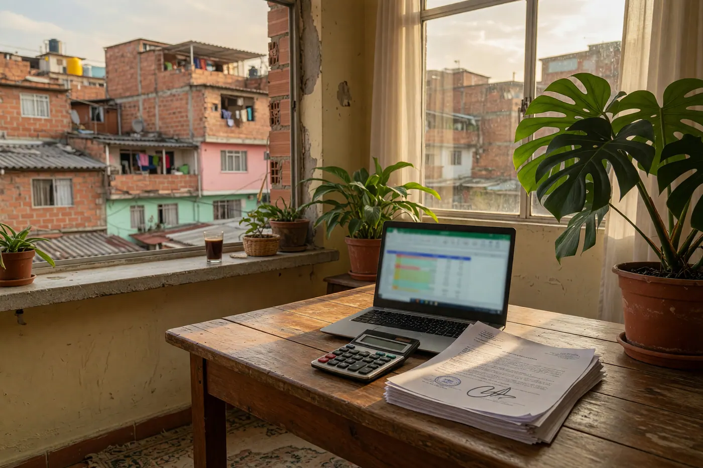 Signed lease agreement, laptop and calculator on a wooden table in a Colombian apartment
