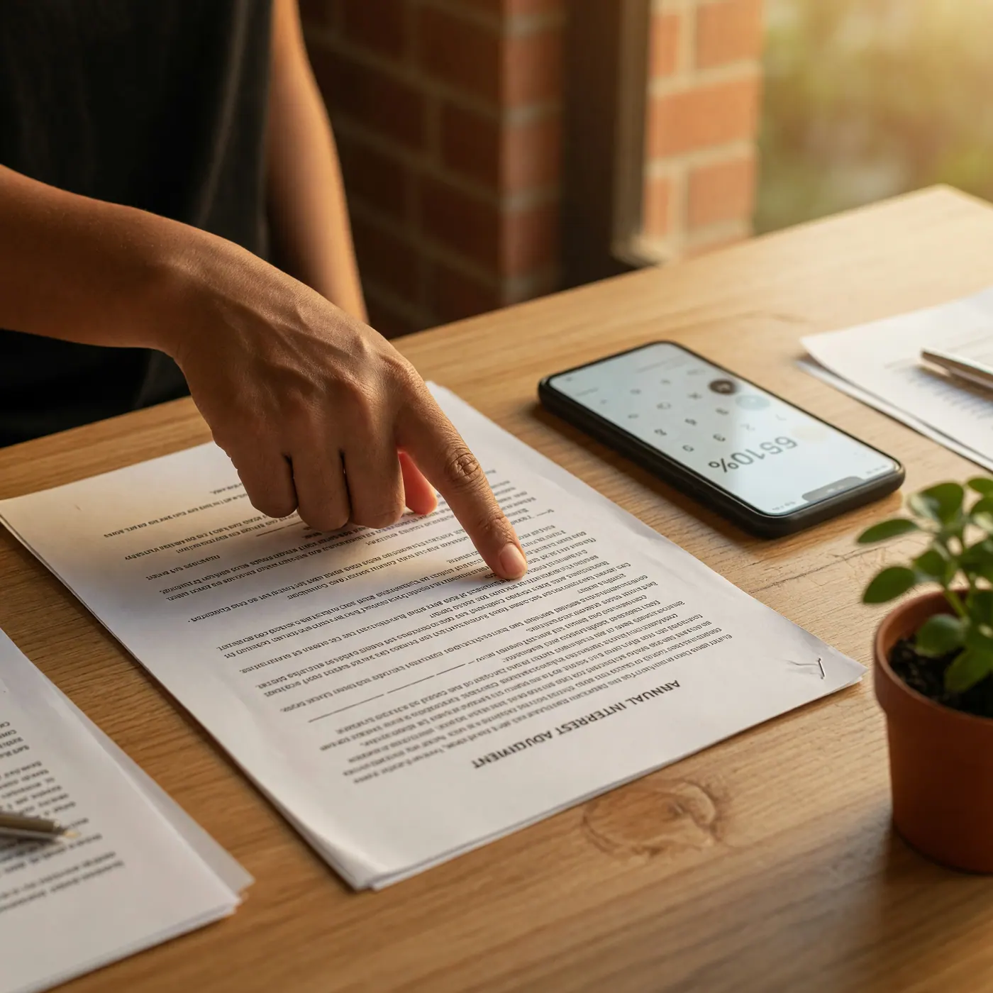 A printed lease agreement on a wooden table next to a smartphone displaying a calculator showing 5.10 percent, with a bright window in the background showing green trees and brick buildings.