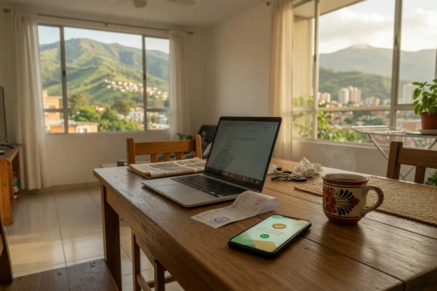 A laptop, paper rent receipt, smartphone, and ceramic coffee mug on a table in a Colombian apartment.