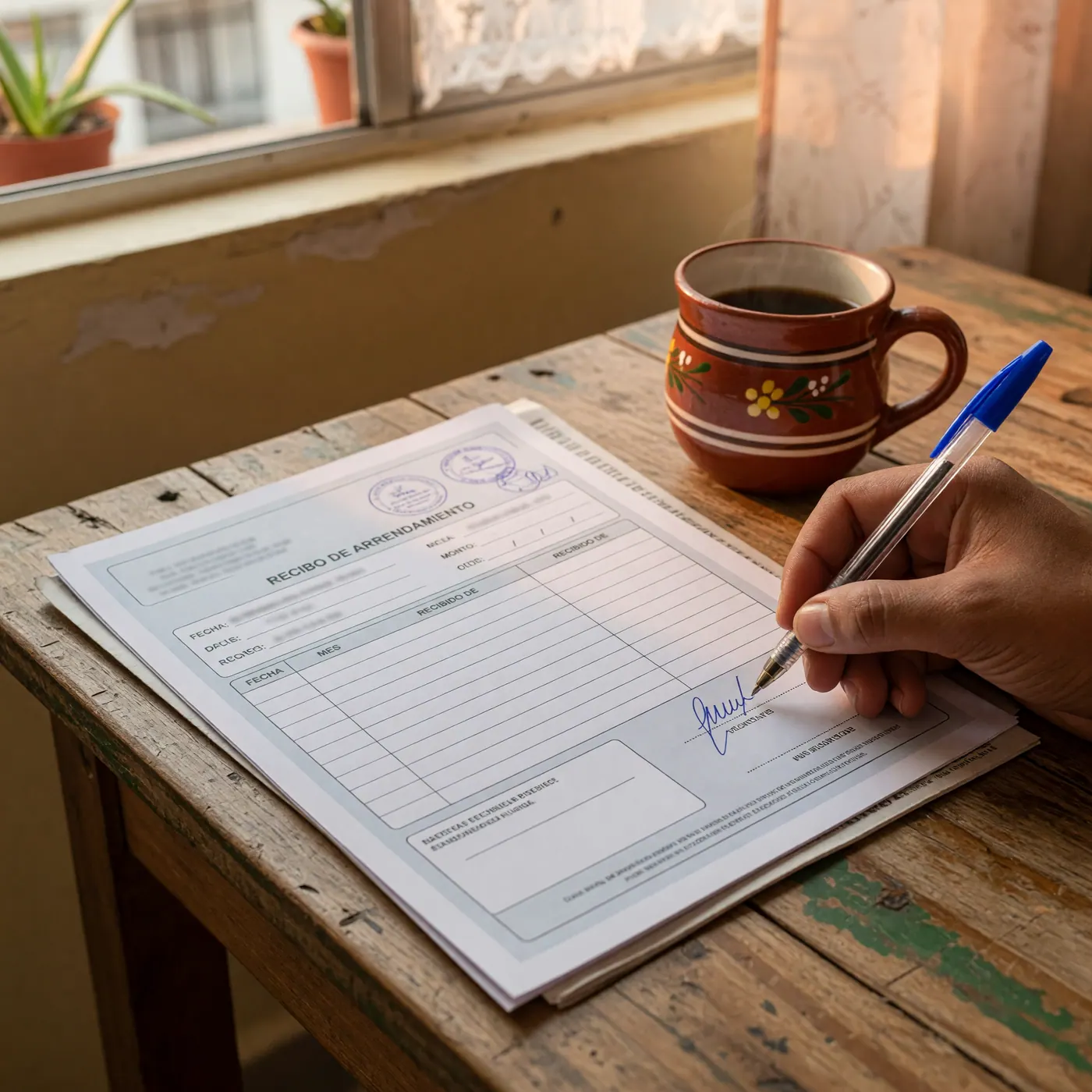A hand signing a printed Colombian rent receipt with a blue pen on a wooden table, showing fields for date and payment amount.