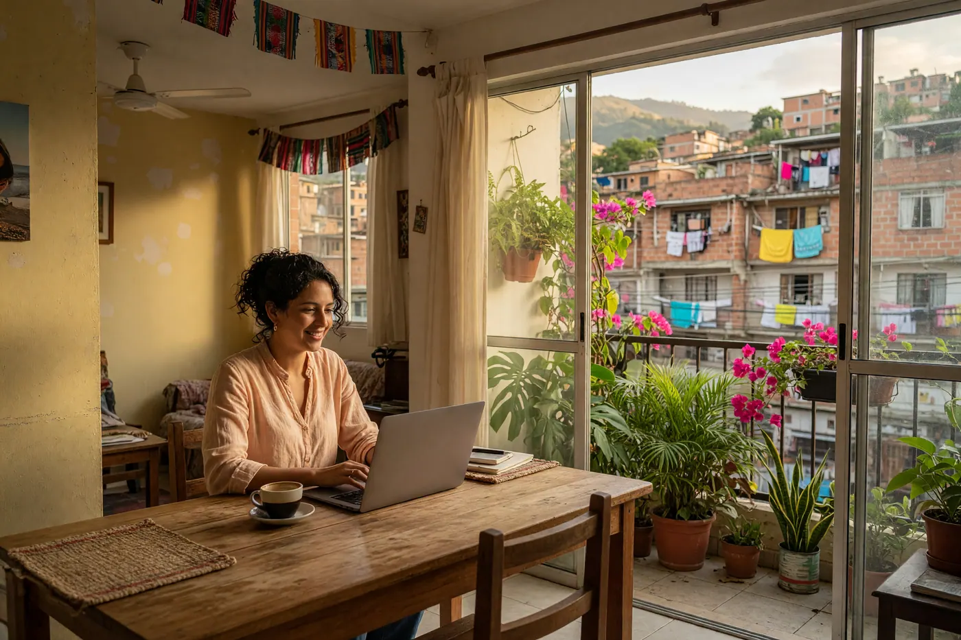 Remote worker using a laptop at a wooden table beside a plant-filled balcony and red-brick buildings