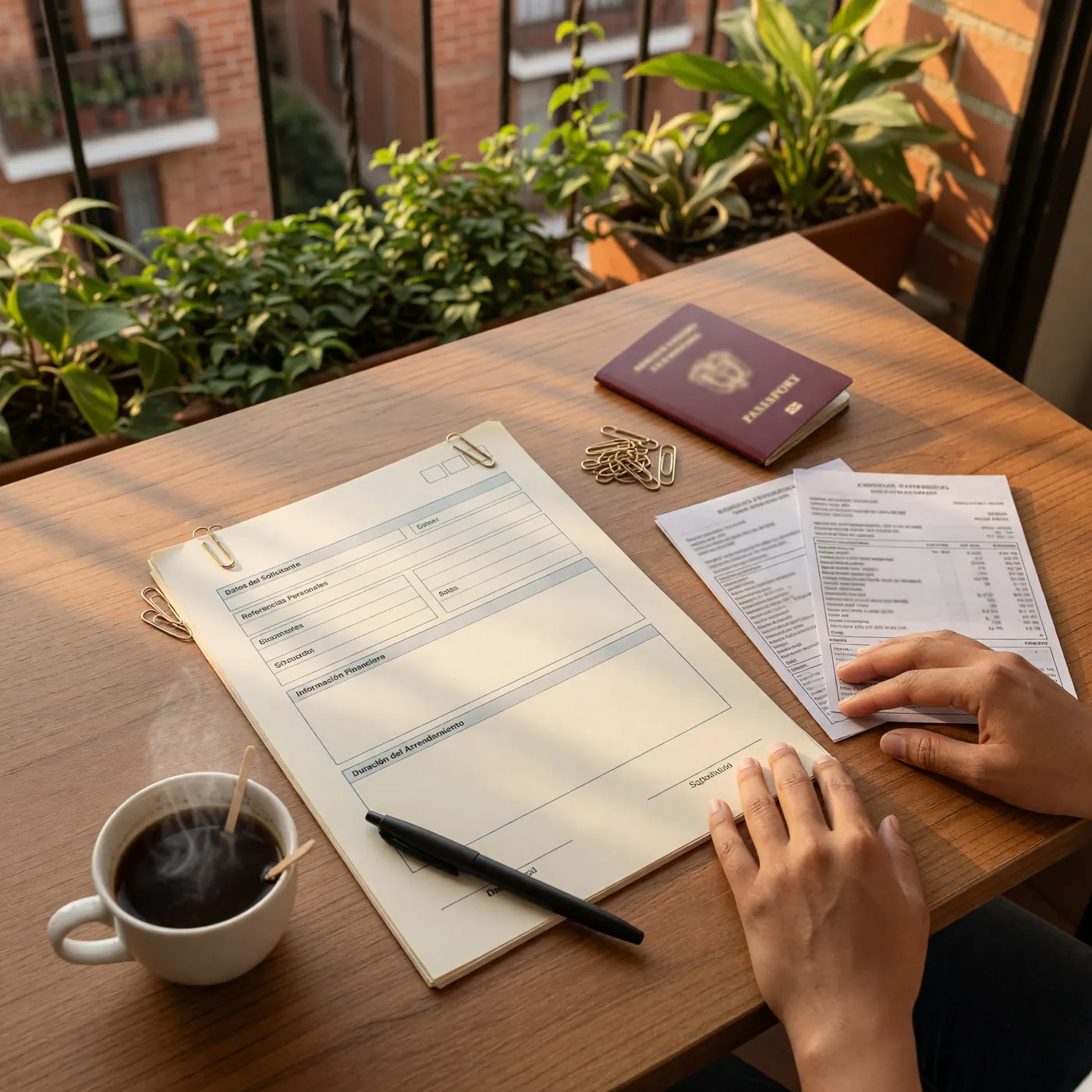 Hands organizing rental application papers beside a passport, pen, and coffee on a wooden table