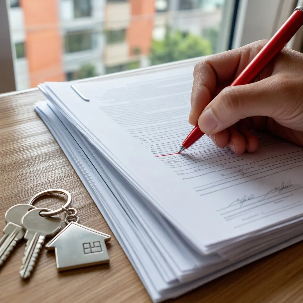 Colombian rental contract documents with apartment keys and a red pen marking clauses
