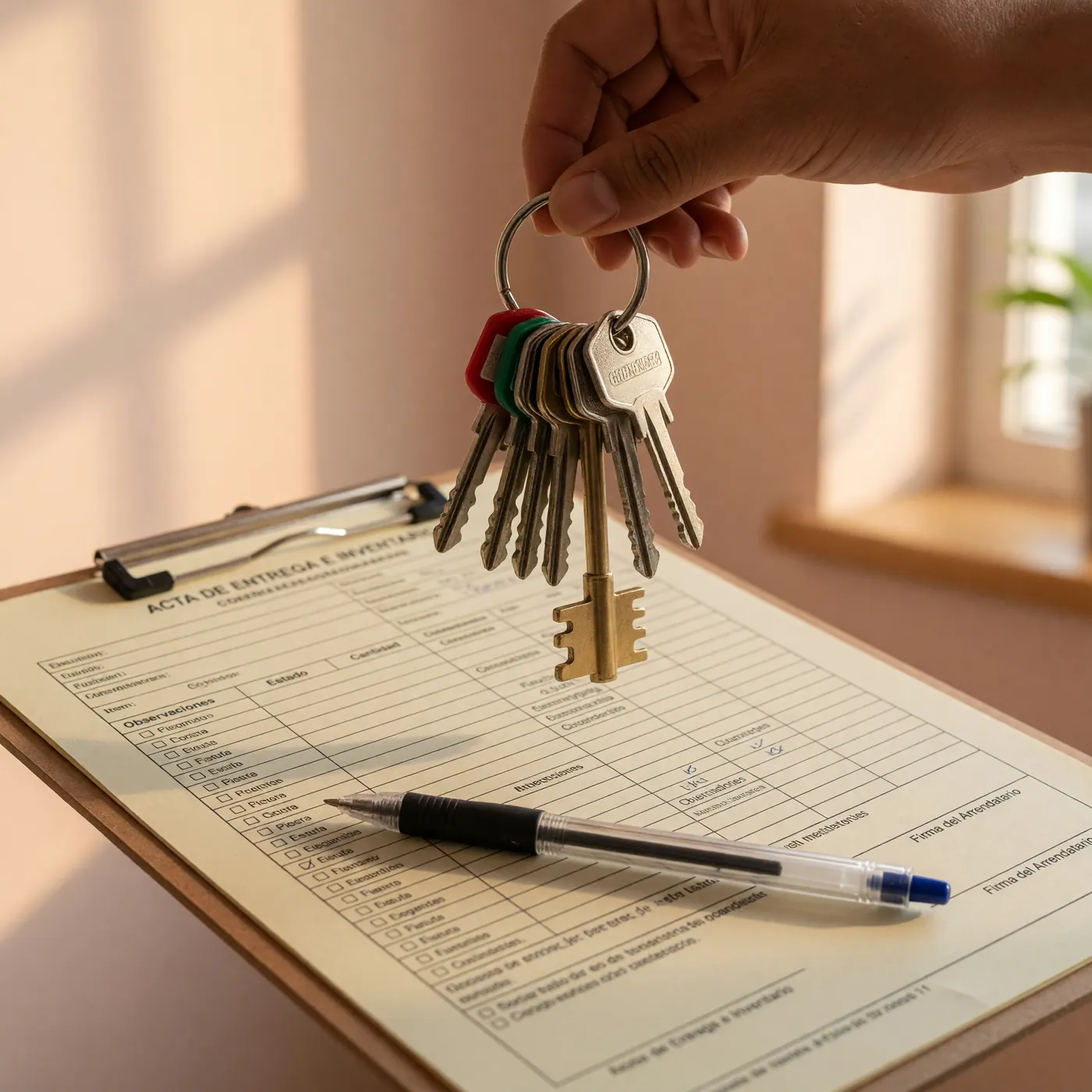 A hand holding apartment keys over a Colombian rental inventory checklist on a clipboard, ready to sign the acta de entrega