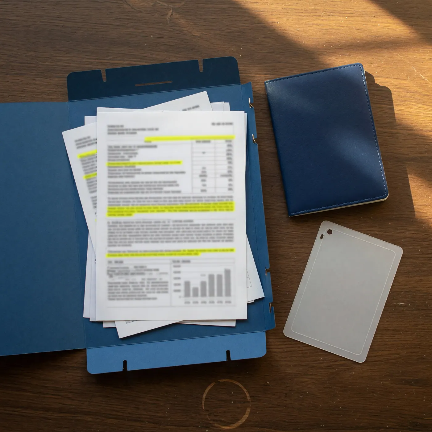 A Colombian Cédula de Extranjería, a passport, and organized financial documents in a folder on a wooden desk.