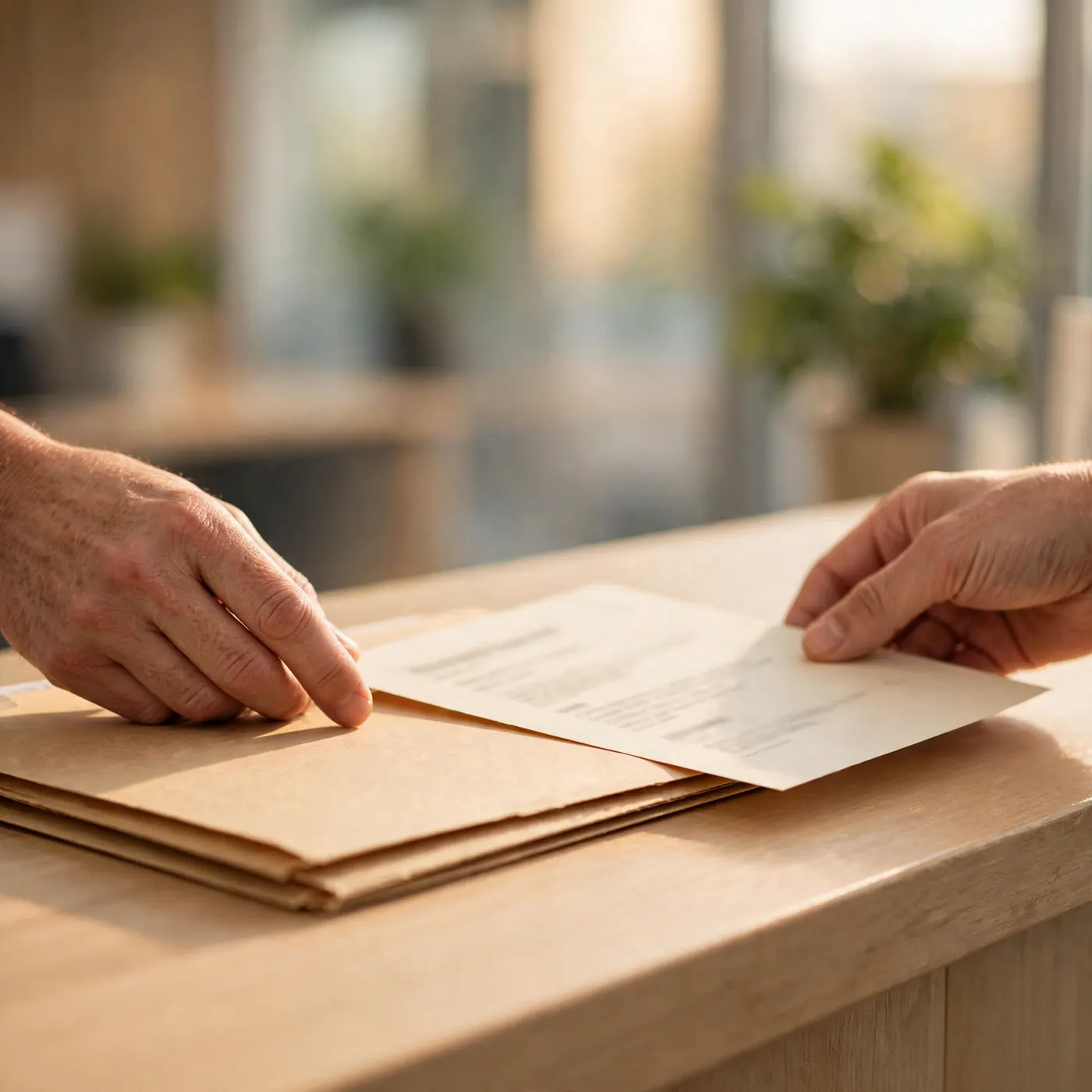 Two hands exchanging a manila folder and a printed form across a light wooden public-service counter