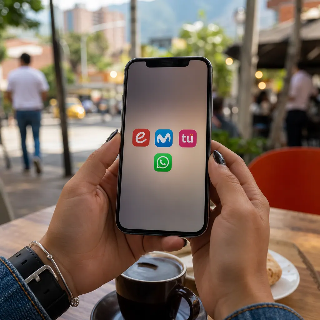 Person using a smartphone at a Medellín café, WhatsApp and carrier apps visible on screen