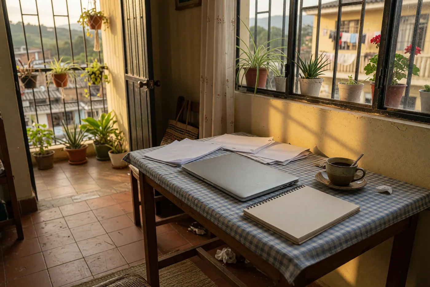 Laptop, blank study papers and notebook on a sunlit student desk with balcony plants