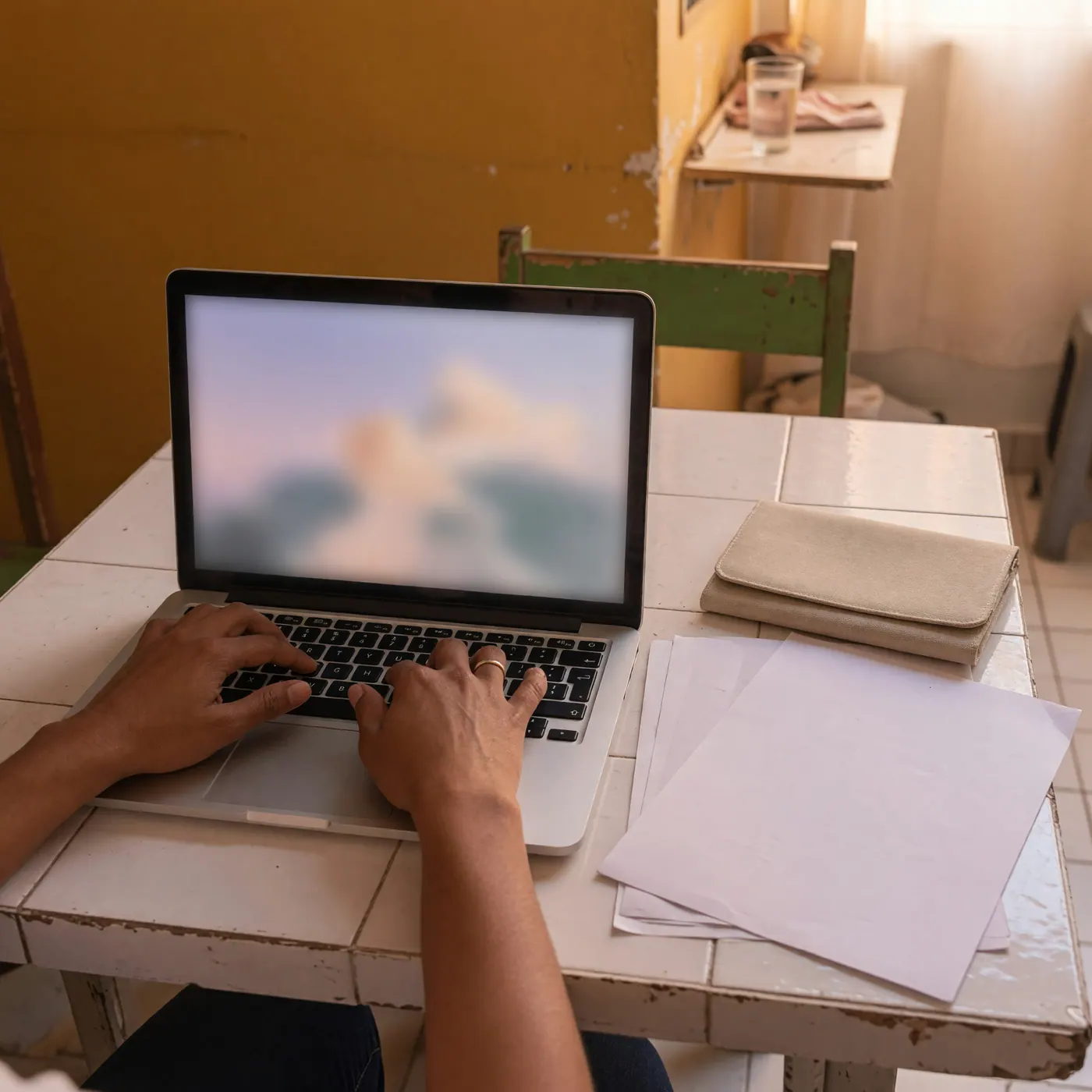 Hands using a laptop beside blank documents in a modest student apartment