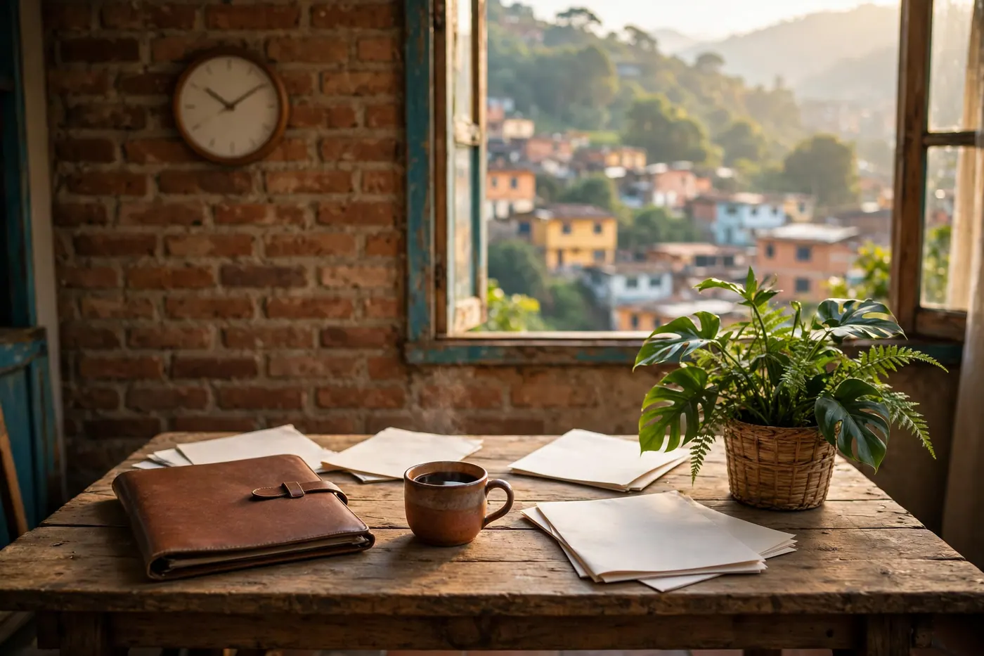 Morning light on a modest apartment work table with a closed folder, wall clock, black coffee and a leafy plant