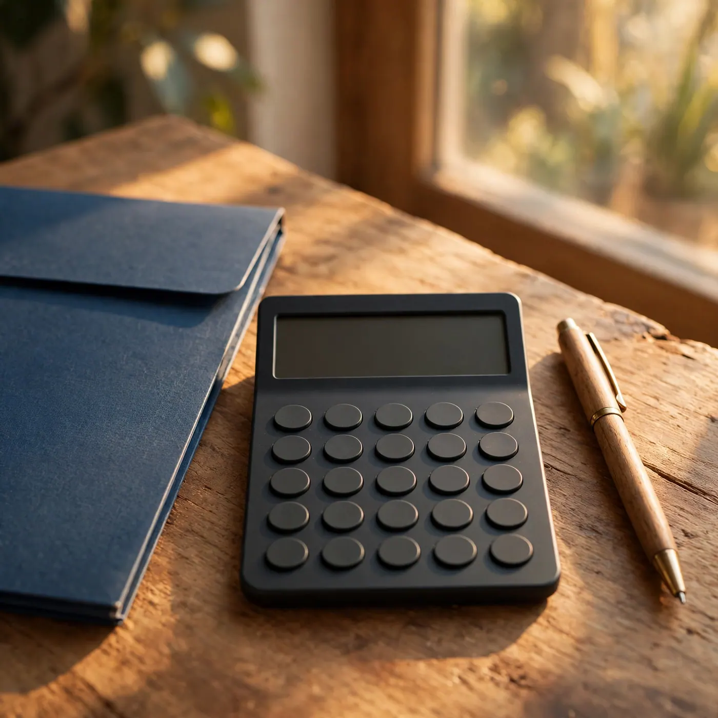 Pen, simple calculator and closed folder on a desk beside a sunlit window