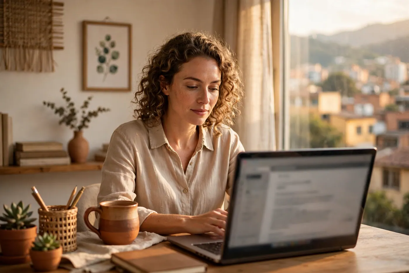 Woman reviewing a document on a laptop beside a clay mug in a sunlit apartment study
