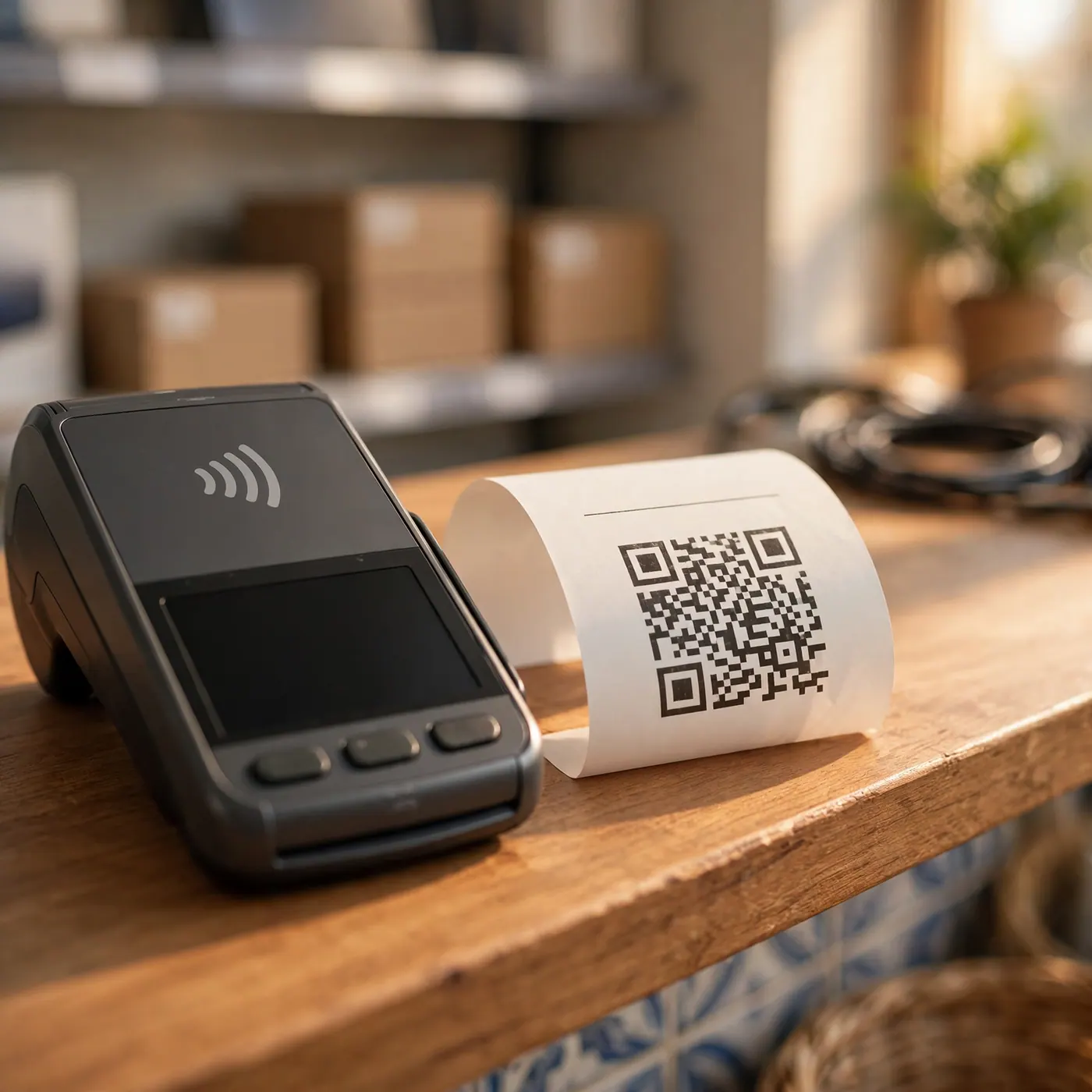 Contactless payment terminal next to a paper receipt with a QR code on a wooden checkout counter