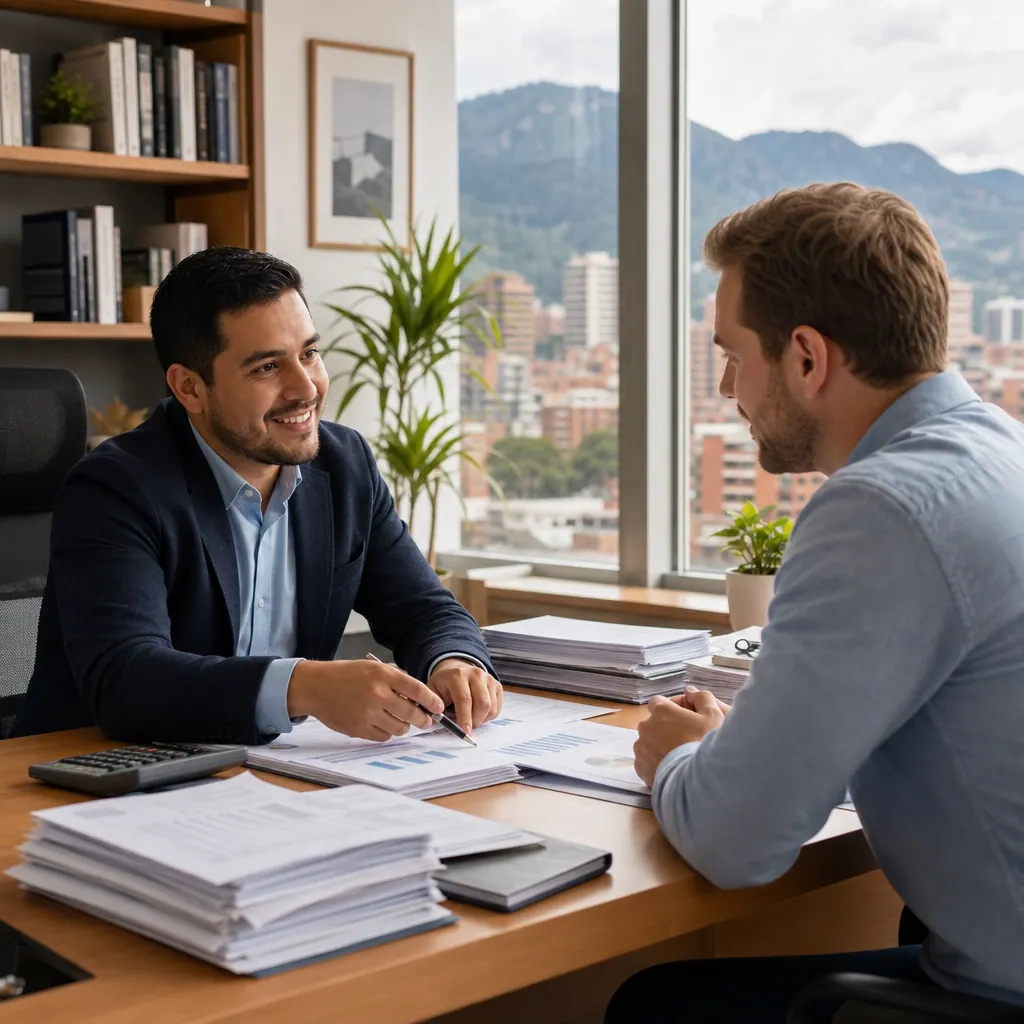A foreign expat and Colombian accountant reviewing tax documents together in a Bogota office