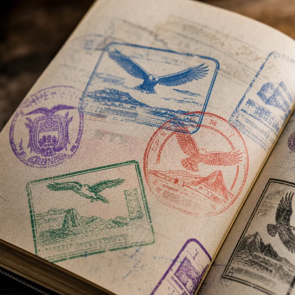 Passport pages with colorful immigration entry stamps from South America