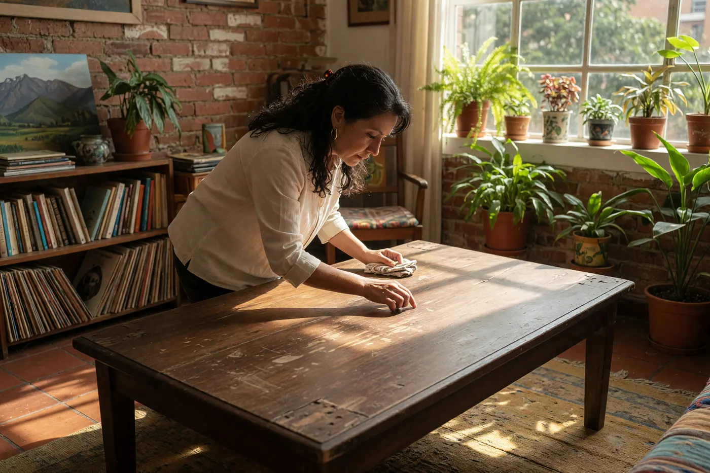A buyer inspecting the surface of a wooden coffee table in a sunlit Bogota apartment with brick walls and green plants