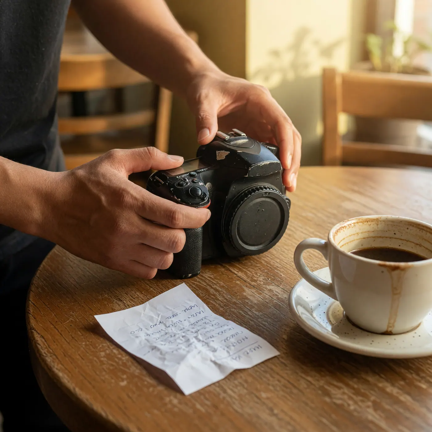 Person's hands testing a secondhand DSLR camera at a coffee shop table with a handwritten receipt and cup of Colombian coffee
