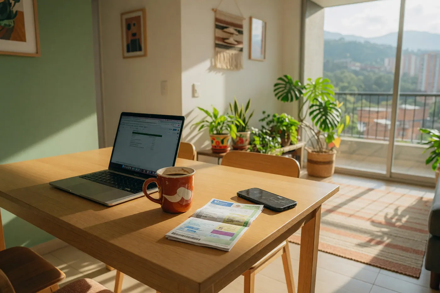 A bright Colombian apartment living room with a laptop, coffee, and a printed utility bill on a wooden table.