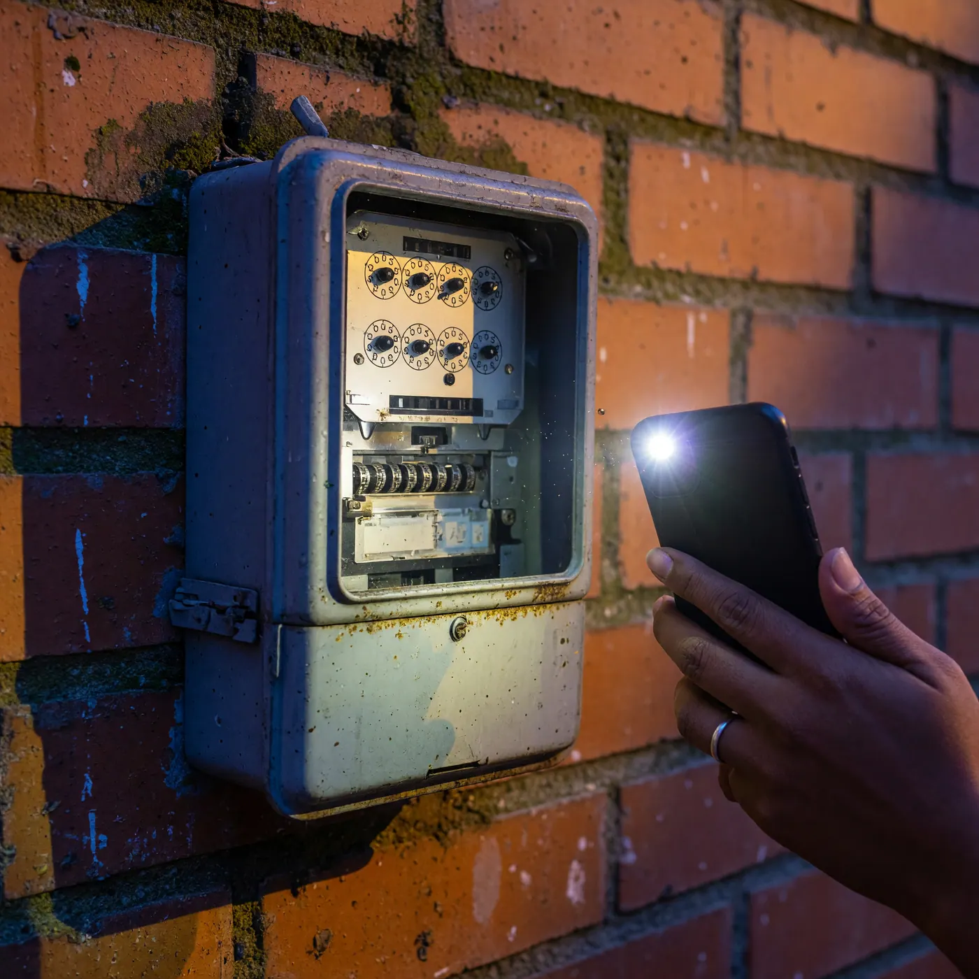 A hand holding a smartphone to read the numbers on an electricity meter inside a metal utility box on an apartment brick wall.