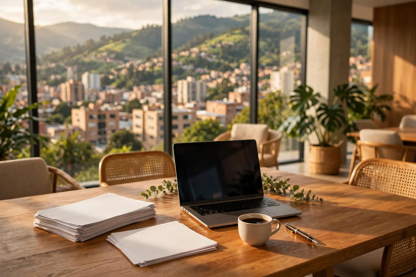Wooden conference table with stacked papers, a laptop, a coffee cup, and a pen, with hills and a city visible through large windows