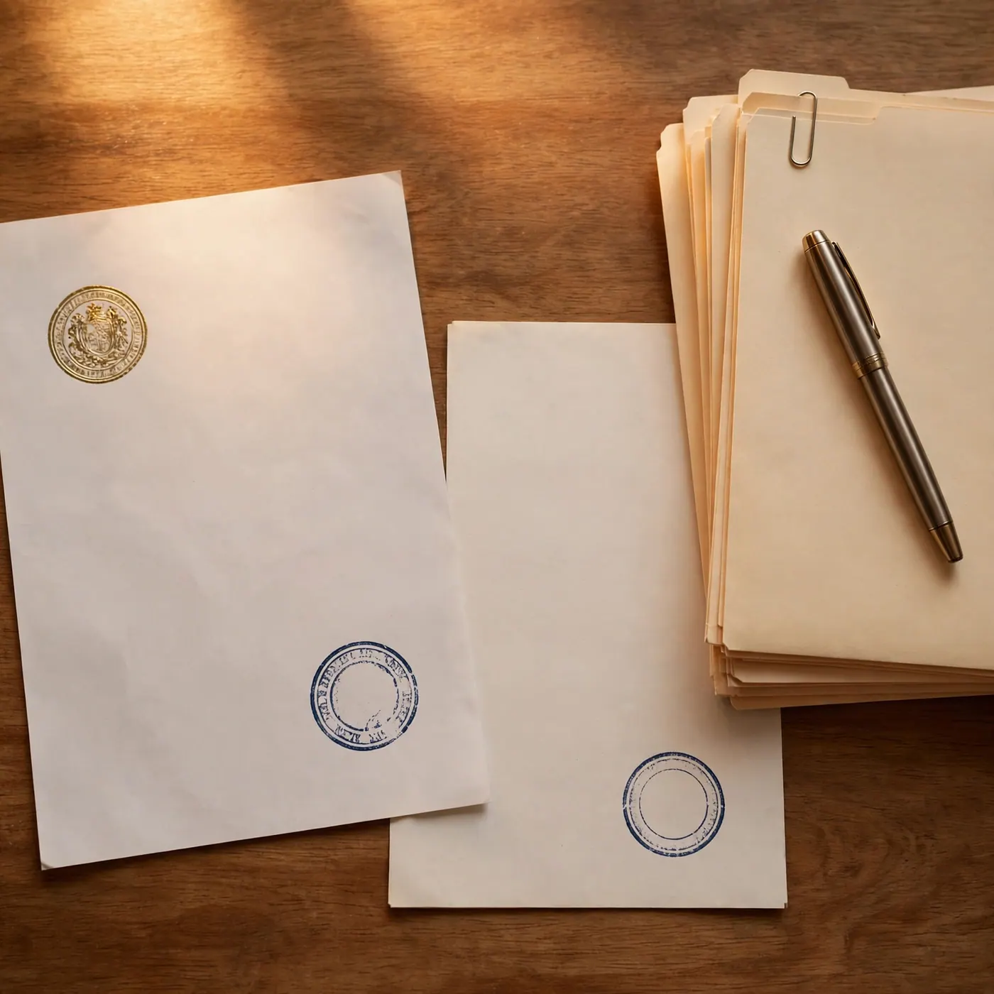 Stamped corporate letters, manila folders, and a fountain pen on a wooden desk