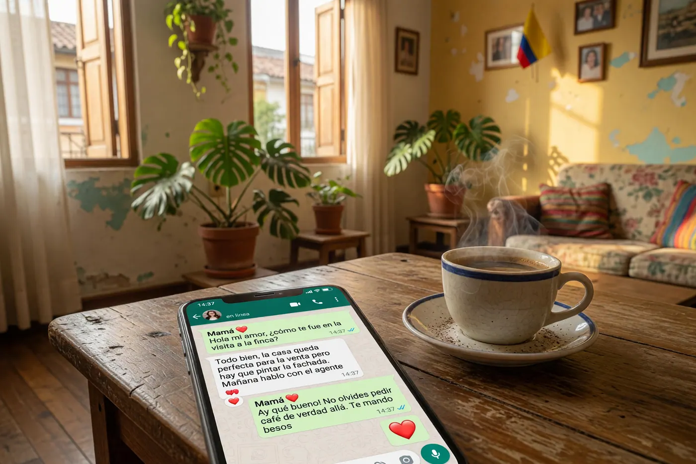 A smartphone showing a WhatsApp chat in Spanish next to a cup of Colombian coffee on a wooden table