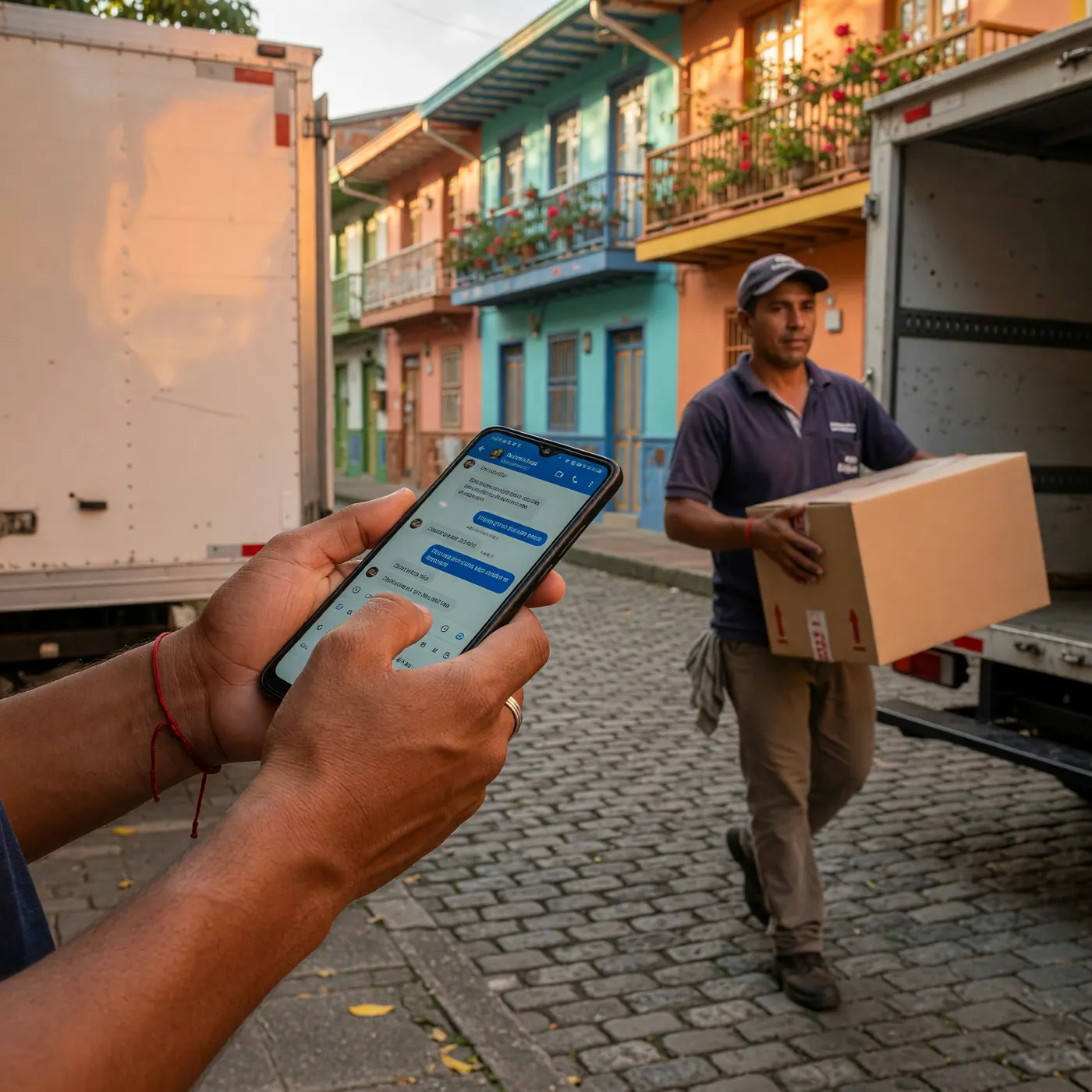 Hands typing on a smartphone with a Colombian mover carrying a cardboard box near a moving truck on a cobblestone street in Medellín