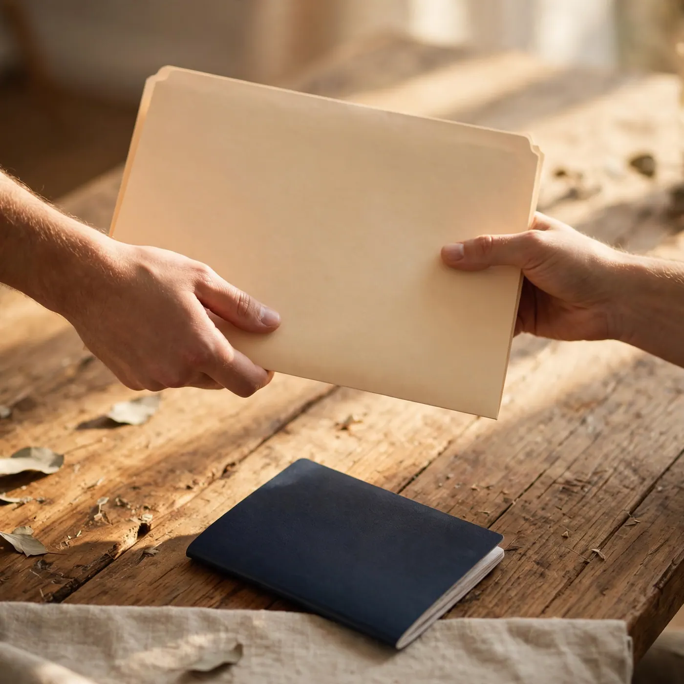 Two hands passing a blank manila folder across a wooden desk next to a closed passport