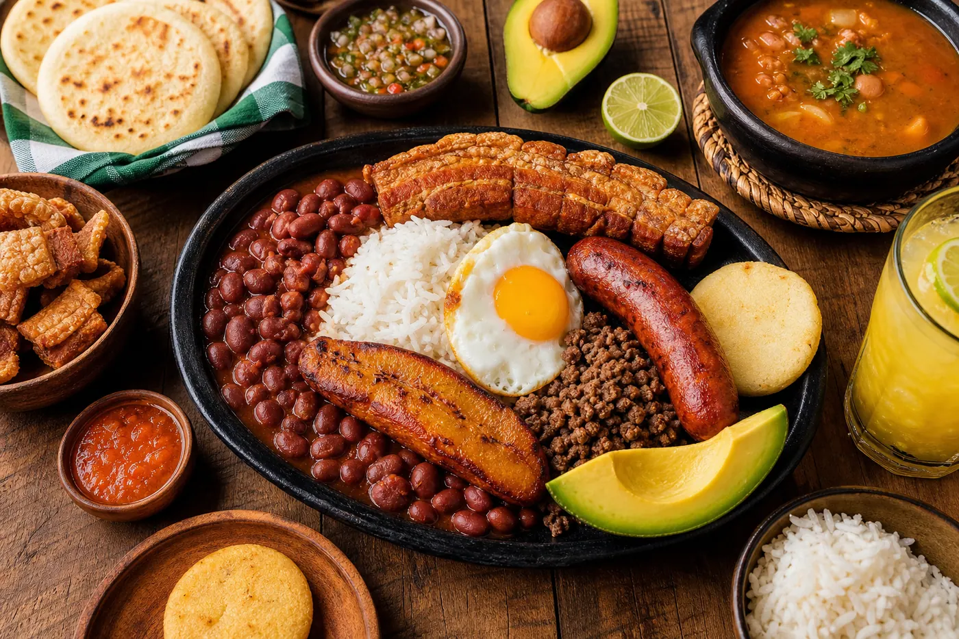 Colorful spread of traditional Colombian food — bandeja paisa with beans, rice, chicharrón, egg and arepa on a wooden table
