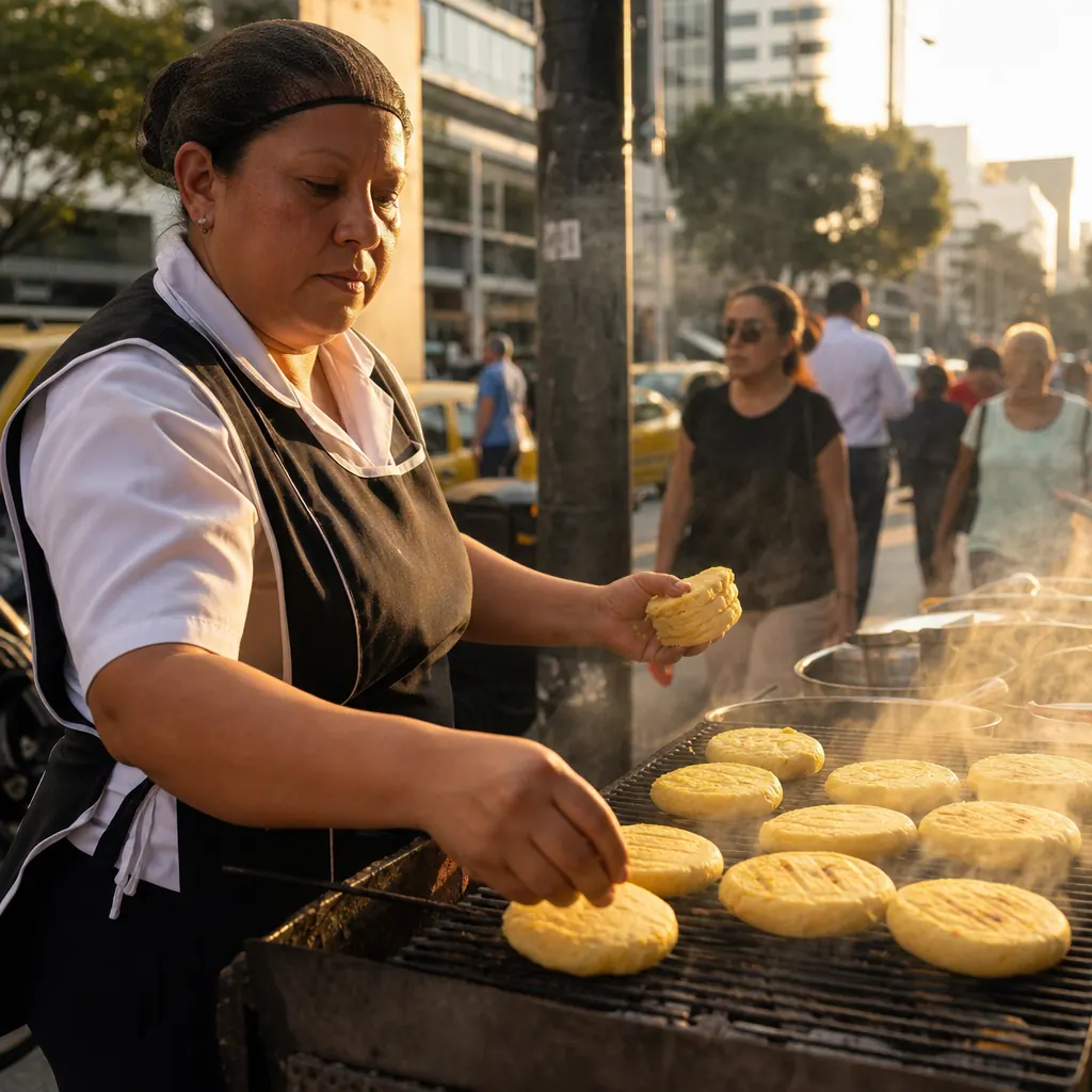 Colombian arepa vendor grilling corn patties on a charcoal grill on a busy city sidewalk